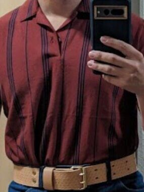 Express Rust Brown Striped Polo Shirt Men's Retro Minimalist Short Sleeve